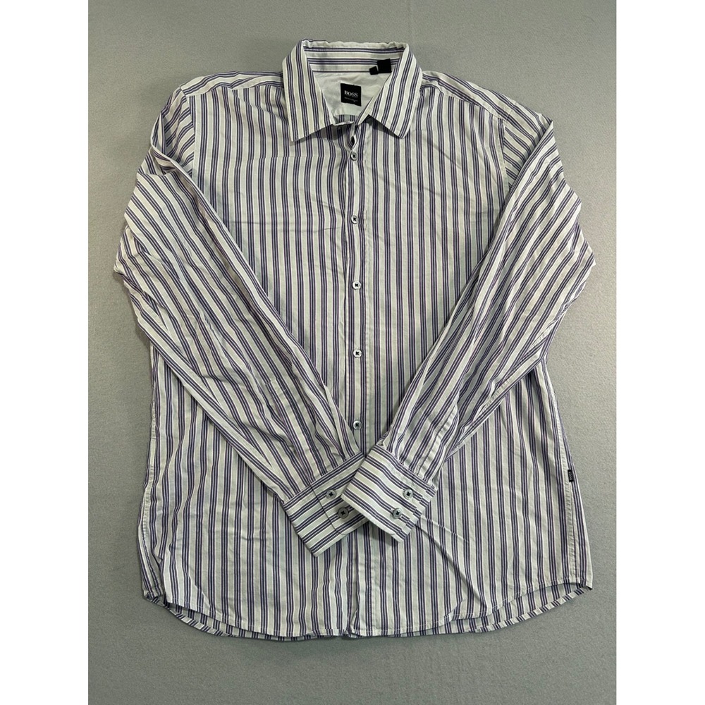 BOSS Hugo Boss Button Down‎ Shirt Mens L Purple Striped Regular Fit Long Sleeve
